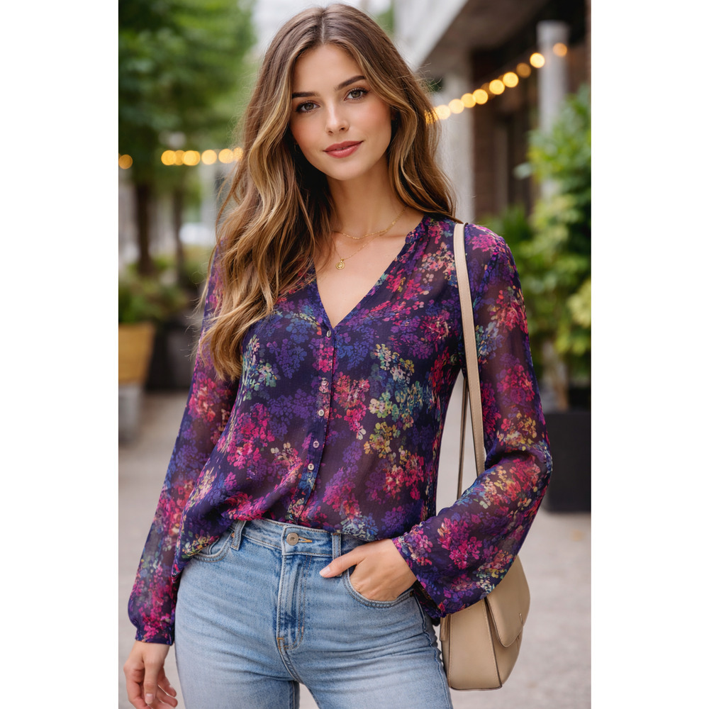 Pins & Needles Women’s Small Sheer Floral Blouse Navy Colorful Boho Top